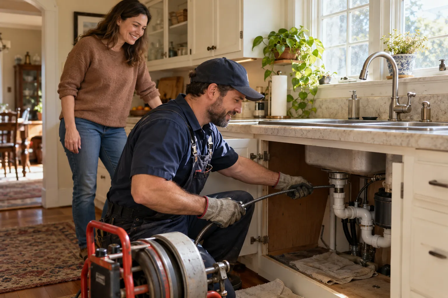 A provider clearing a kitchen drain for a homeowner in the Gloucester area